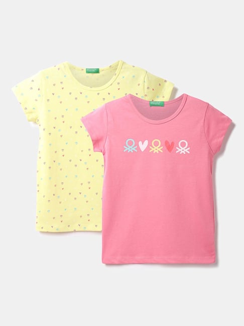 United Colors of Benetton Kids Pink & Yellow Printed T-Shirt (Pack Of 2)