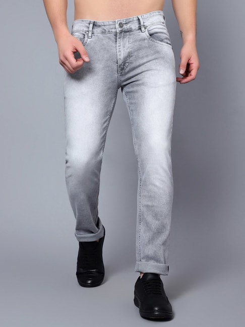 Cantabil Grey Regular Fit Heavily Washed Jeans
