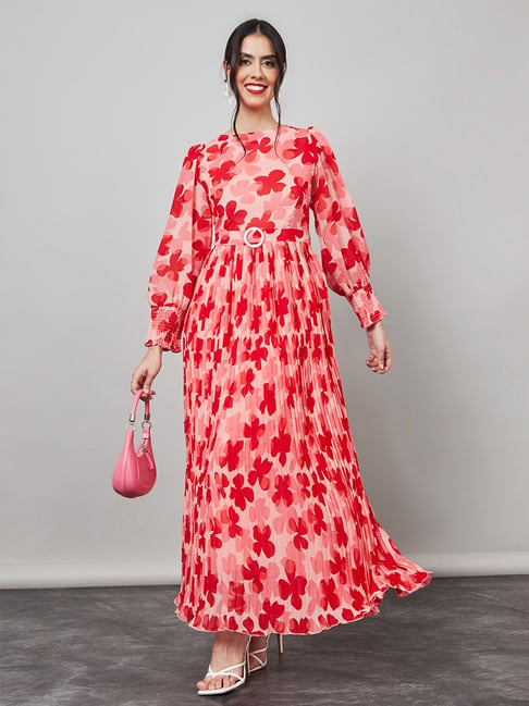 DENNISON Floral Printed High Neck Puff Sleeves Bow Crepe A-Line Dress –  dennisonfashionindia