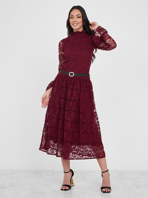 Styli High Neck Lace Insert A-Line Midi Dress with Belt