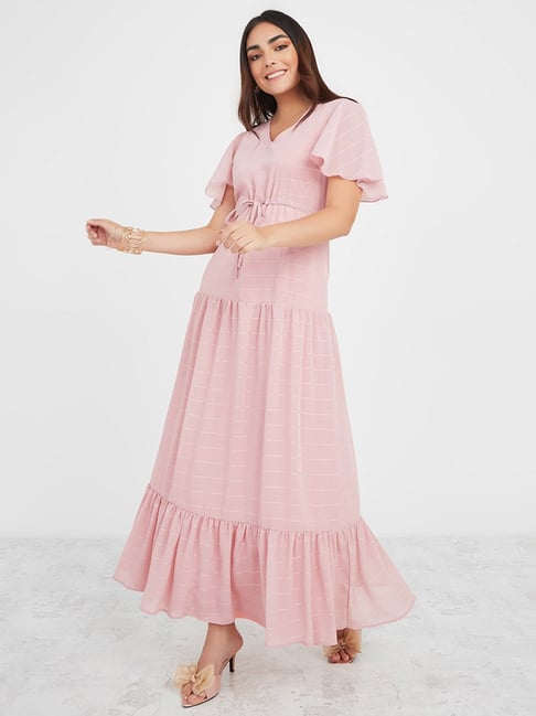 Styli Pink Striped A Line Dress Price in India