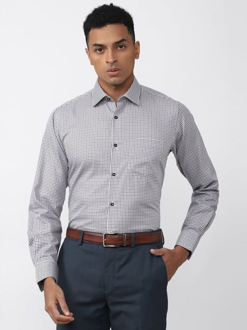 Van Heusen Grey Cotton Regular Fit Checks Shirt