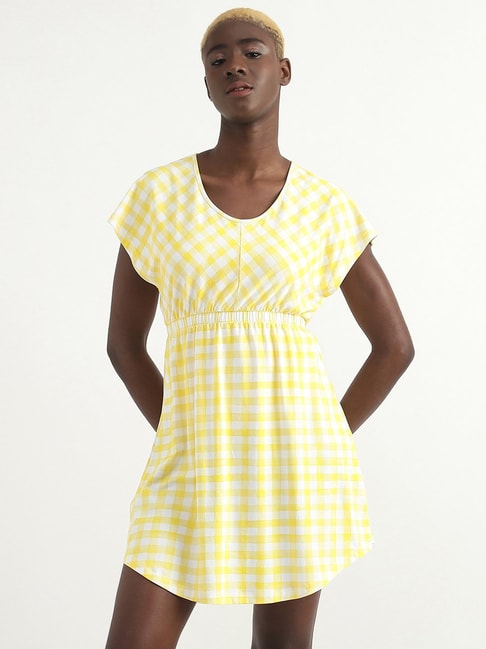 United Colors of Benetton Yellow Chequered A-Line Dress Price in India