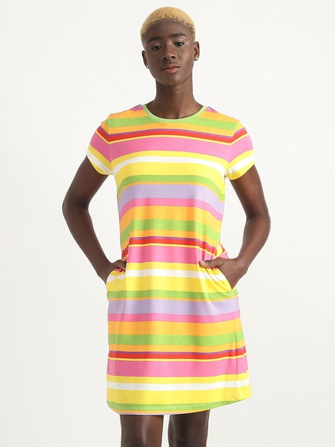 United Colors of Benetton Yellow Cotton Striped A-Line Dress Price in India