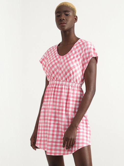United Colors of Benetton Pink Chequered A-Line Dress Price in India