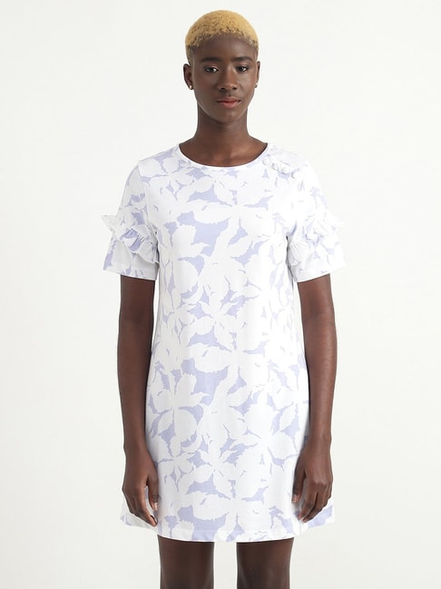 United Colors of Benetton White Cotton Printed A-Line Dress Price in India