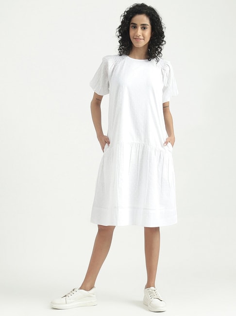 United Colors of Benetton White Cotton A-Line Dress Price in India