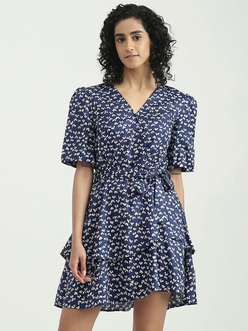United Colors of Benetton Blue Printed A-Line Dress Price in India