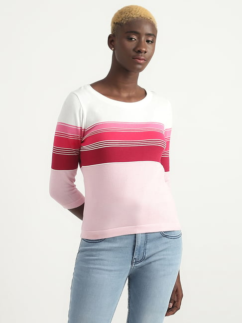 United Colors of Benetton White & Pink Cotton Striped Top