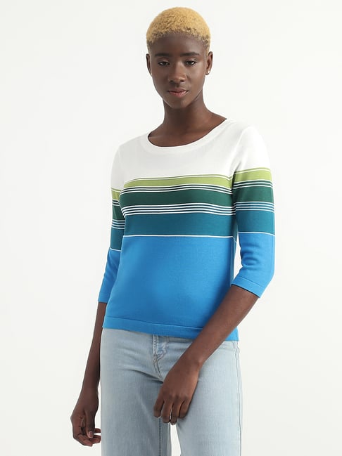 United Colors of Benetton White & Blue Cotton Striped Top