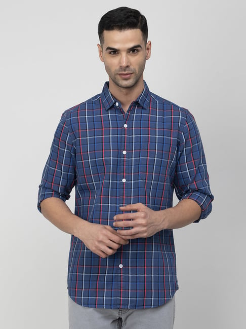 Fame Forever by Lifestyle Navy Blue Cotton Slim fit Checks Shirt