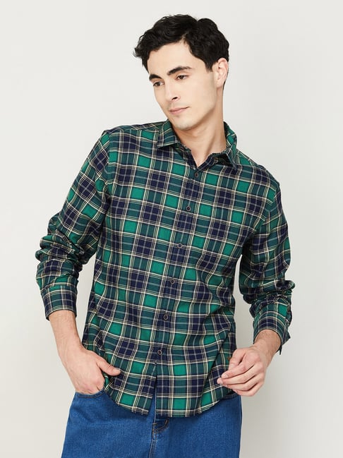 Fame Forever by Lifestyle Green Cotton Slim fit Checks Shirt