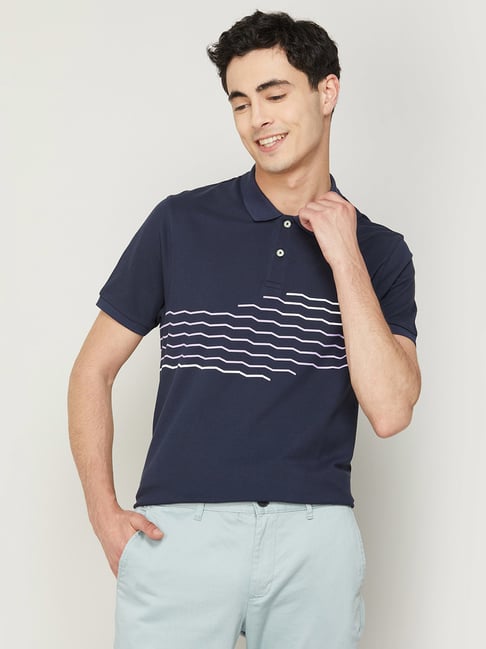 BOSSINI Navy Blue Cotton Regular Fit Printed Polo T-Shirt