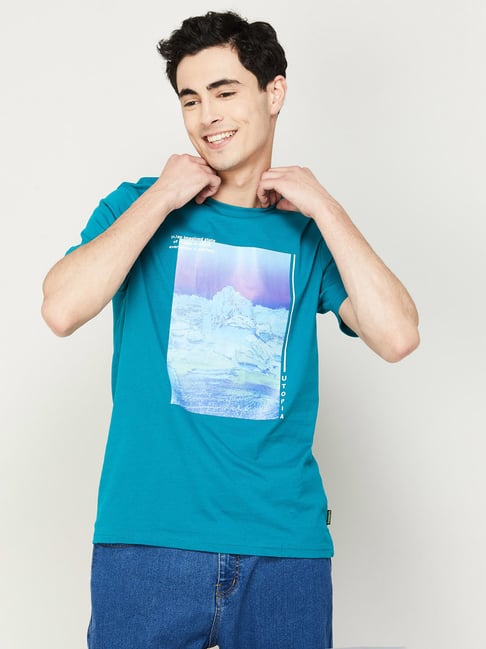 BOSSINI Teal Cotton Regular Fit Printed T-Shirt