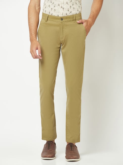 Buy CRIMSOUNE CLUB Women Beige Slim Cotton Straight Trousers Online