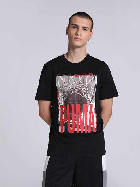 Puma Hoops Black Cotton Regular Fit Printed Sports T-Shirt