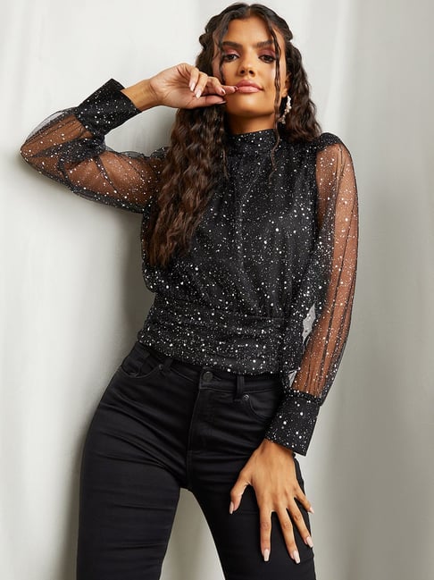 Styli Sparkle Embellished High Neck Top