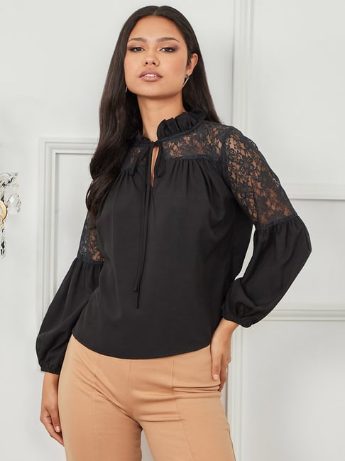Styli Tie Up Neck Lace Insert Long Sleeves Blouse