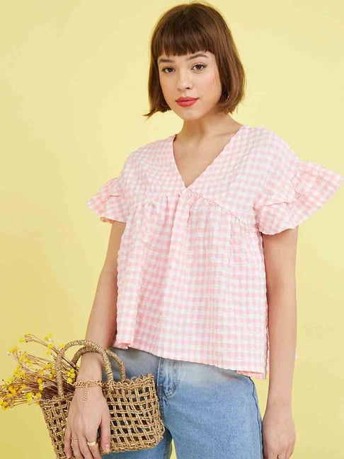 Buy Styli Pink Chequered Top for Women Online @ Tata CLiQ 