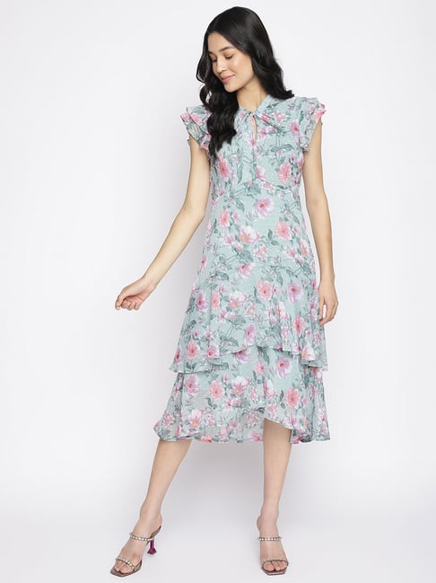 Latin Quarters Light Blue & Pink Floral Print A Line Dress Price in India