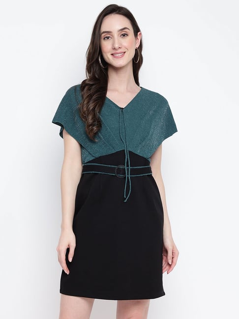 Latin Quarters Green & Black Textured A Line Dress Price in India