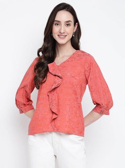 Latin Quarters Coral Floral Print Top