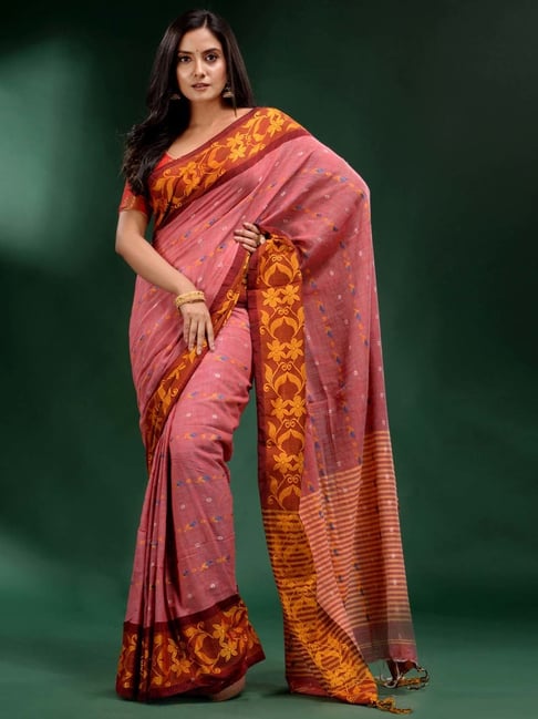CHARUKRITI Red Cotton Embroidered Saree With Unstiched Blouse Price in India