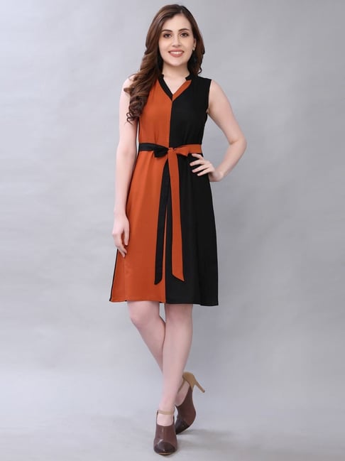 SELVIA Black & Rust Color-Block A-Line Dress Price in India