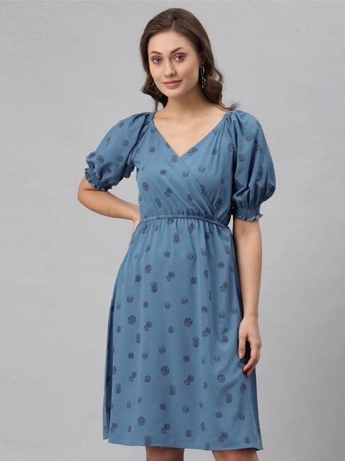 SELVIA Blue Printed A-Line Dress Price in India