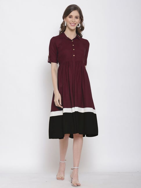 SELVIA Maroon Printed A-Line Dress Price in India