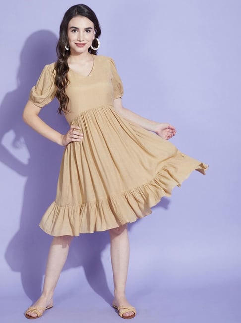 SELVIA Beige Linen A-Line Dress Price in India