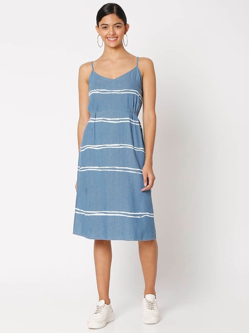 Spykar Light Blue Cotton Striped A-Line Dress Price in India