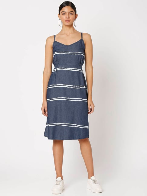Spykar Blue Cotton Striped A-Line Dress Price in India