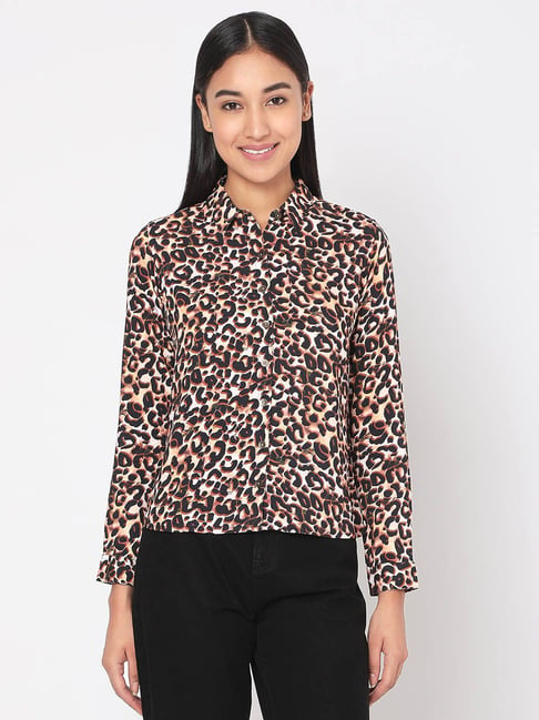 Spykar Brown & White Cotton Animal Print Shirt Price in India