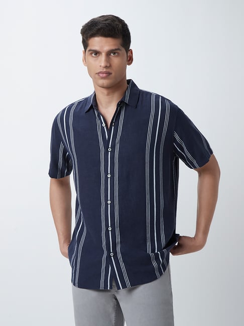 Ascot by Westside Navy Striped Relaxed-Fit Shirt