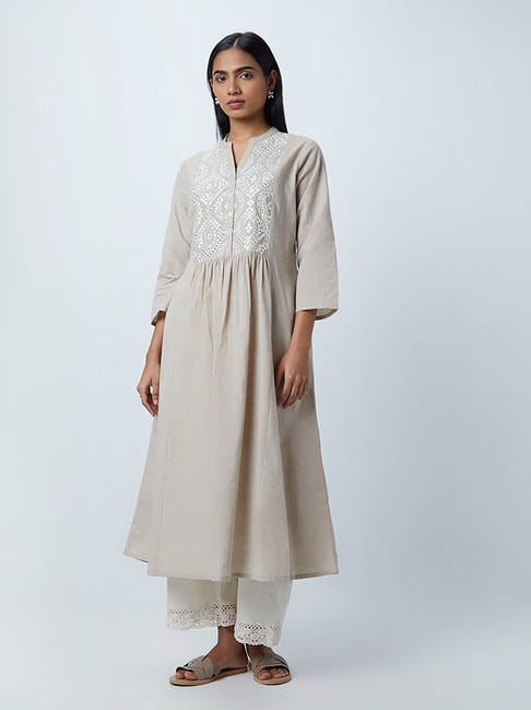 Utsa by Westside Taupe Mirror-Work Fit-And-Flare Kurta Price in India