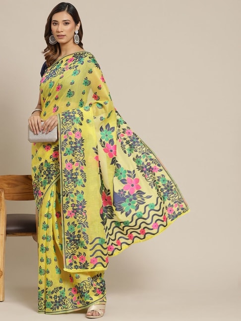 Silk Land Yellow Cotton Woven Saree With Unstitched Blouse Price in India