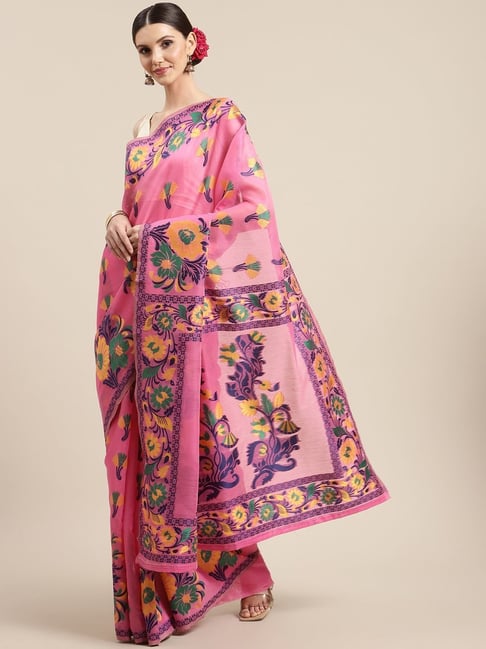 Silk Land Pink Cotton Woven Saree With Unstitched Blouse Price in India