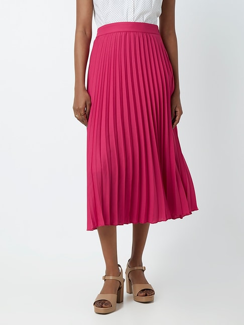 Bright Pink Chiffon Pleated Midi Skirt  New Look
