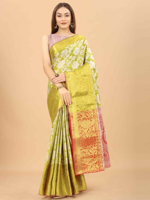 Silk Land Green Woven Saree With Unstitched Blouse