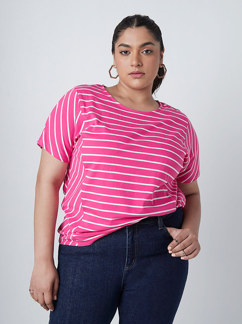 Gia Curves by Westside Fuchsia Striped T-Shirt Price in India