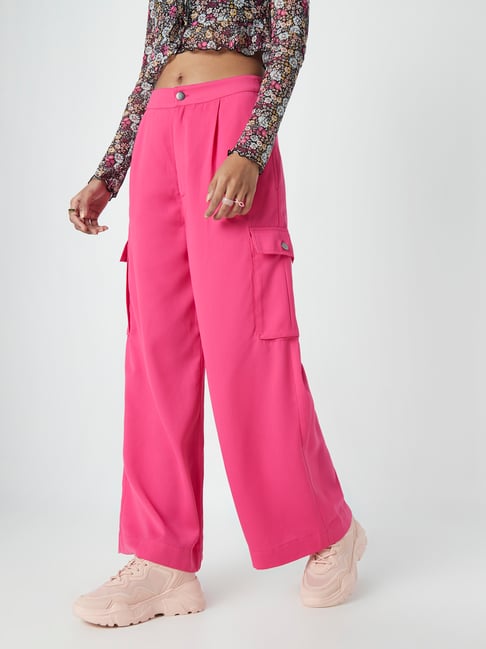 Hot Pink Acetate Slinky Wide Leg Trousers  PrettyLittleThing