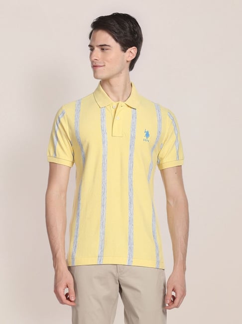 U S Polo Assn U.S. Polo Assn. Yellow Cotton Regular Fit Striped Polo T-Shirt