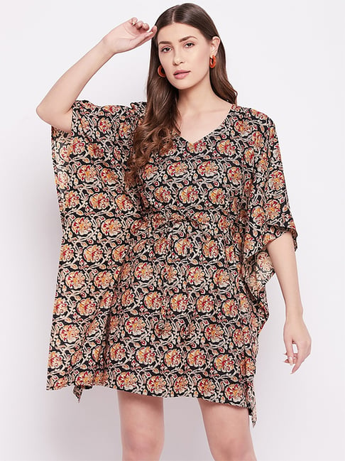 Castle Black & Mustard Cotton Floral Print A-Line Kaftan