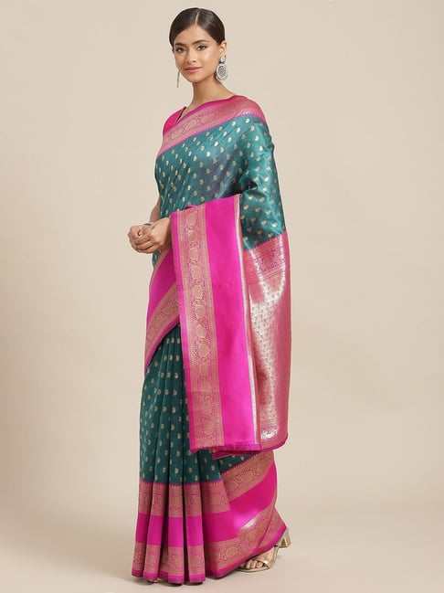 Silk Land Green Woven Saree With Unstitched Blouse