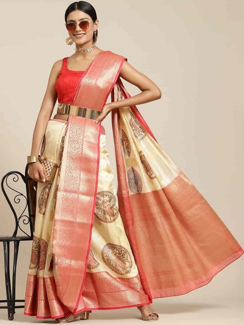 Pure Maheshwari Silk Saree Beige Hand block Printed with running blouse ( Silk by Silk)-Indiehaat – Indiehaat.com