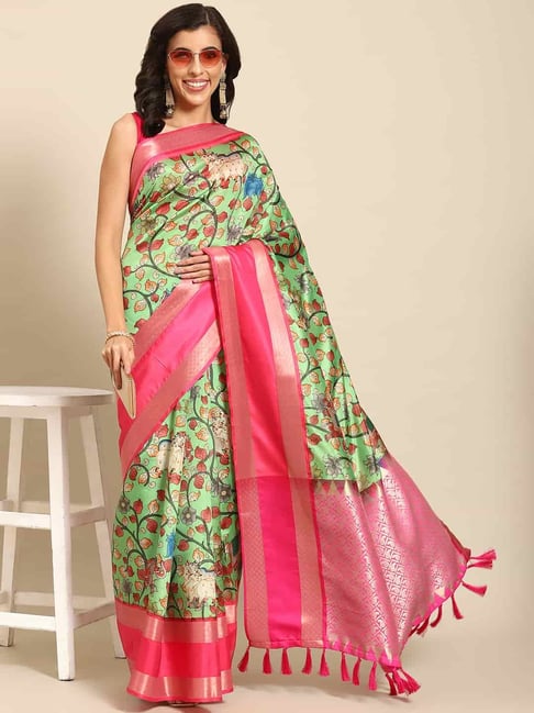 Rani Pink Silk Saree With Green Blouse | Kolour
