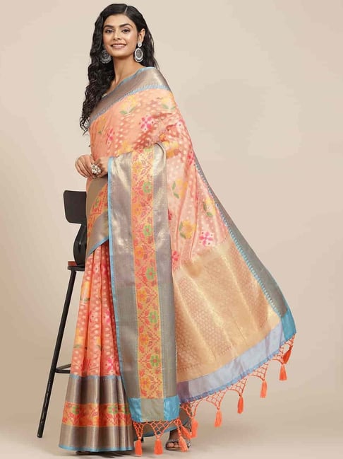 Silk Land Peach Silk Woven Saree With Unstitched Blouse