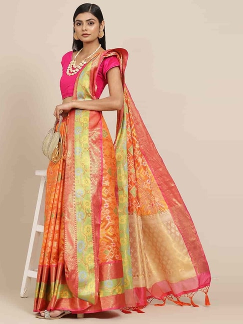 Silk Land Orange Silk Woven Saree With Unstitched Blouse Price in India