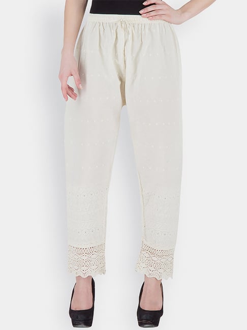 Castle Off-White Cotton Embroidered Palazzos